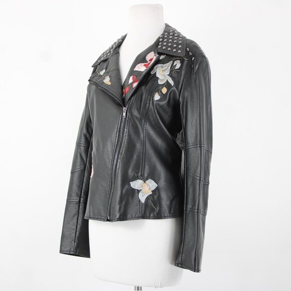 V Christina Sz L Black Silver Studded Floral Pockets Polyurethane AS IS Jacket - Picture 3 of 16